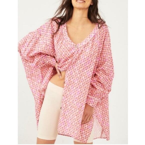 Intimately Free People Oversized Buttondown Blouse Pink Geo Print Linen Blend S - Picture 1 of 12